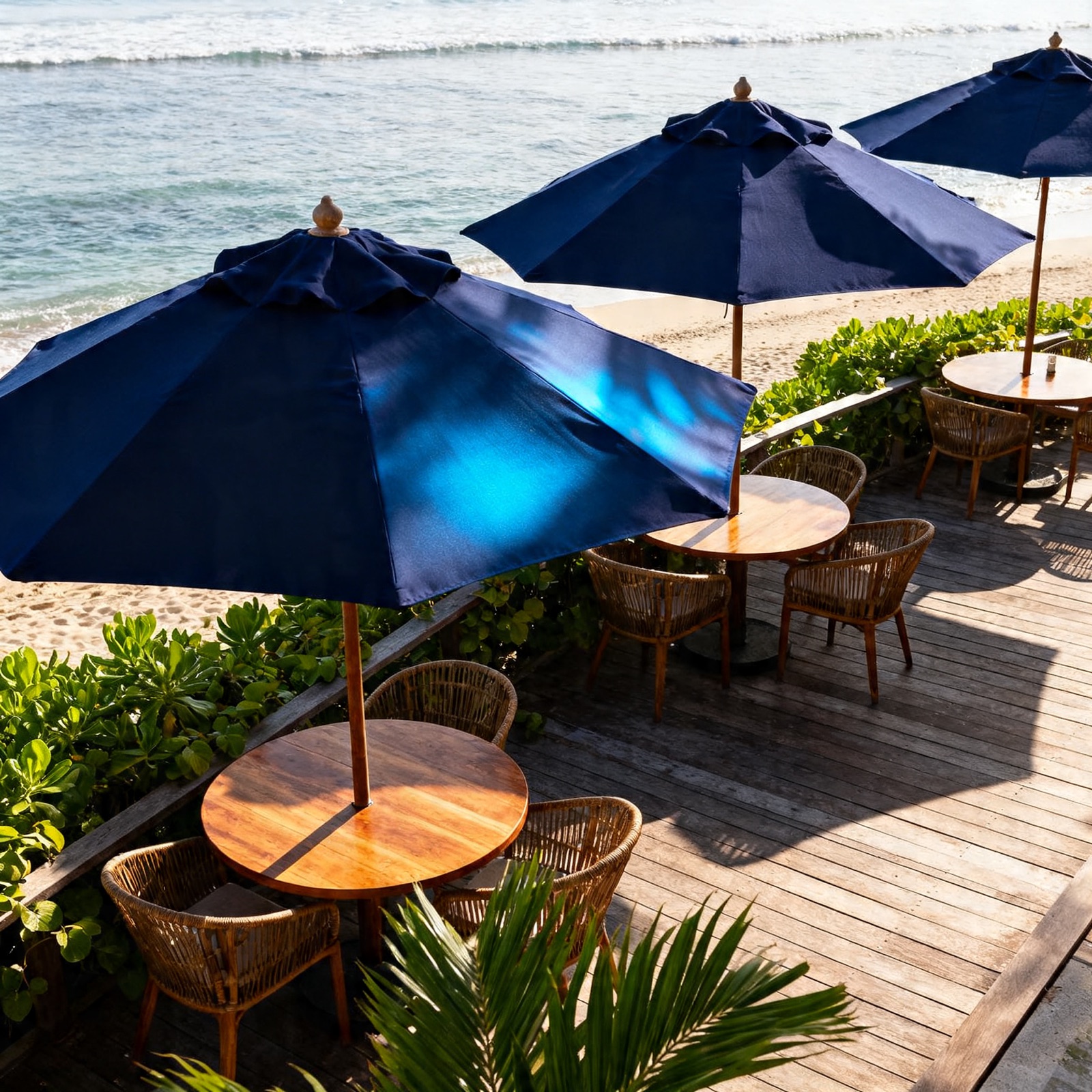 Indigo-blue parasols shading the wooden deck of Breakfast Club Seminyak