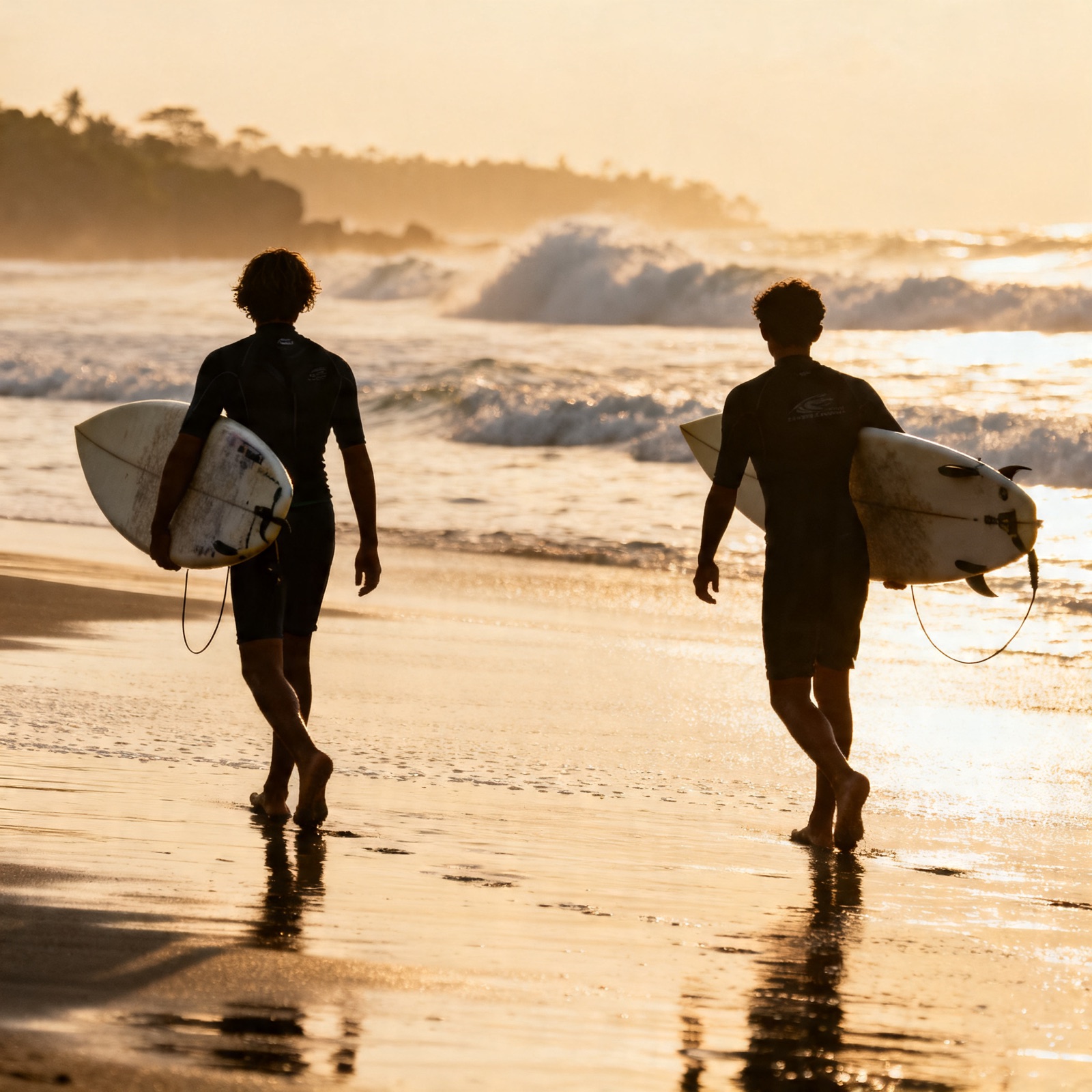 Surfers walking the shoreline at Mesari Beach during a Surf Day Out community event