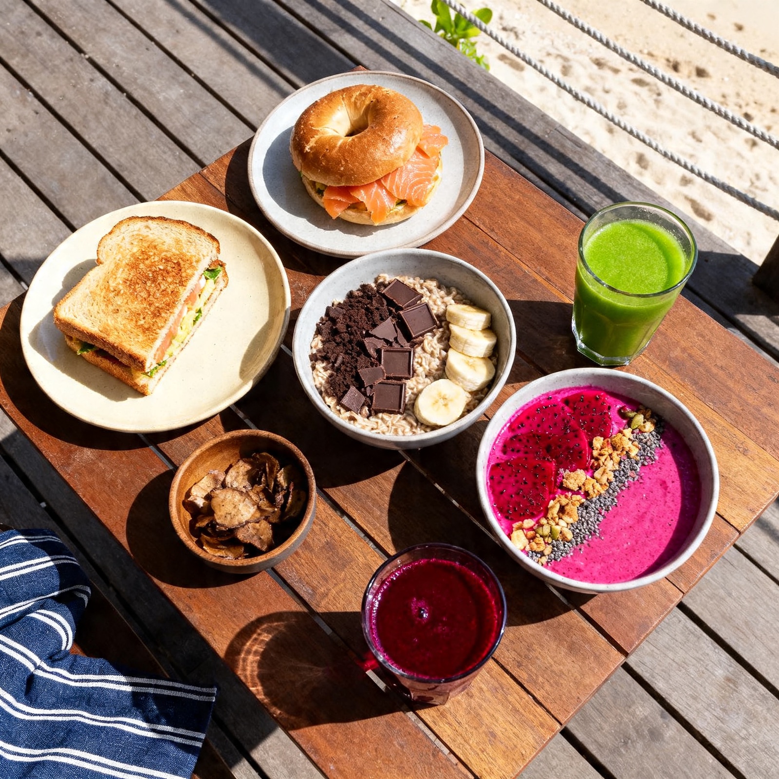 Six breakfast dishes on a wooden deck table at Breakfast Club Seminyak