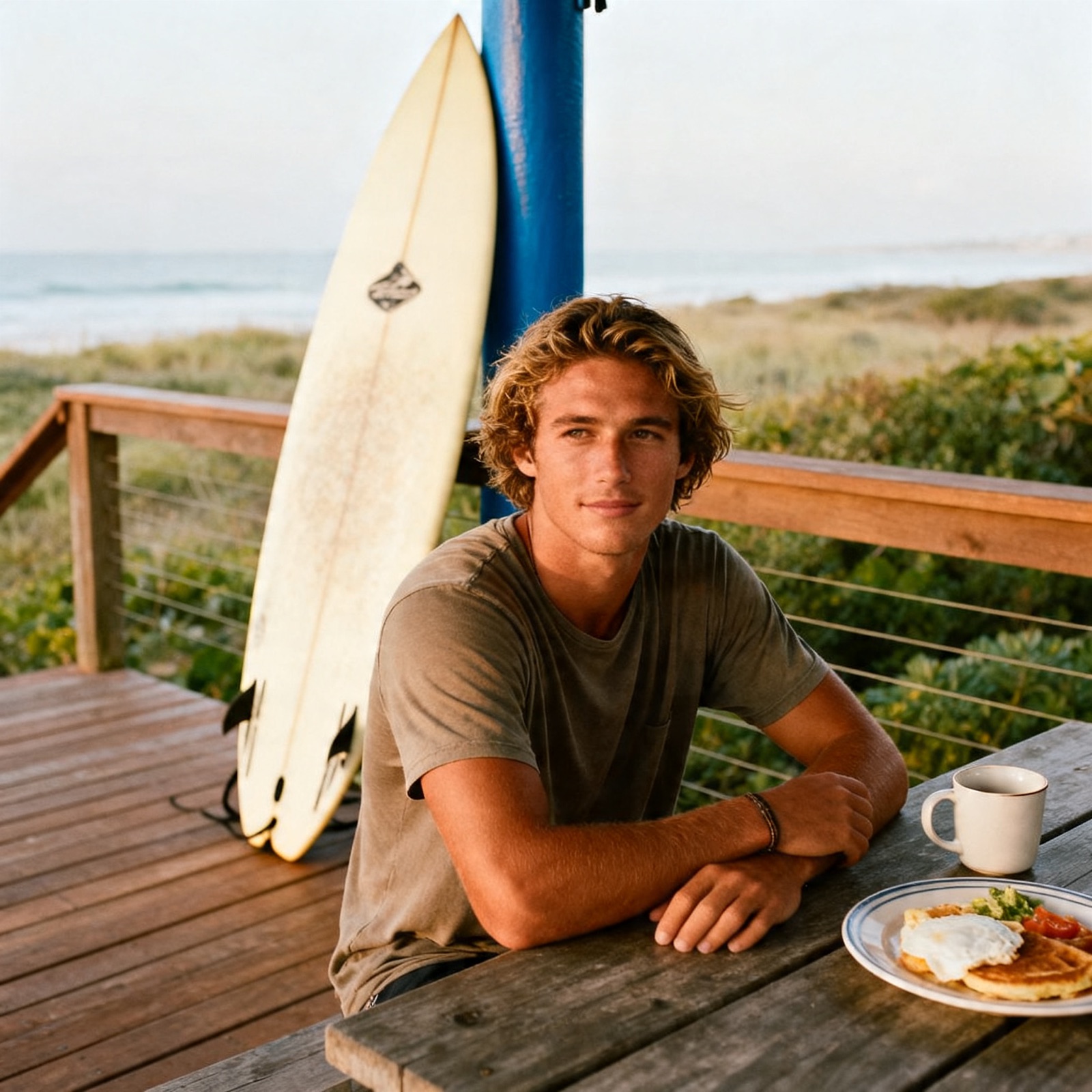 A surfer at a wooden deck table at Breakfast Club Seminyak